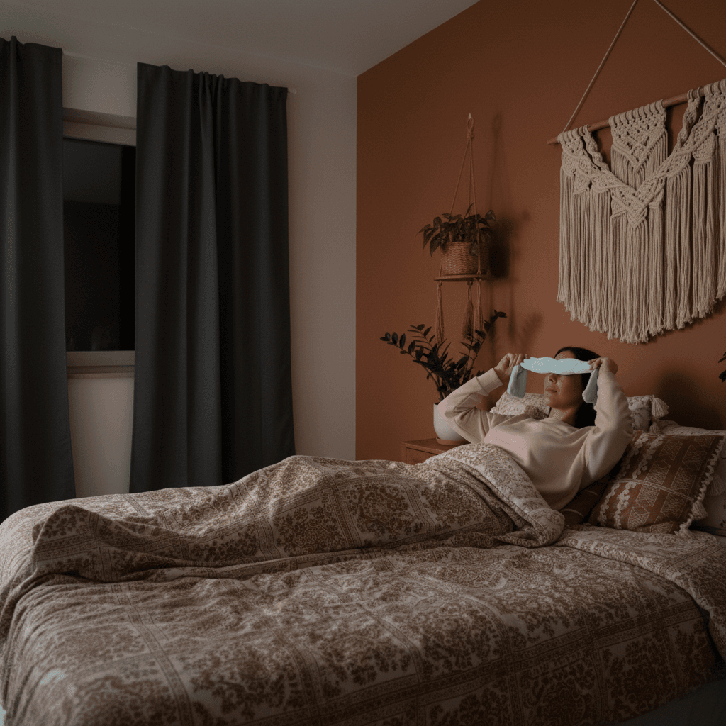 Person sleeping peacefully with headhug mask